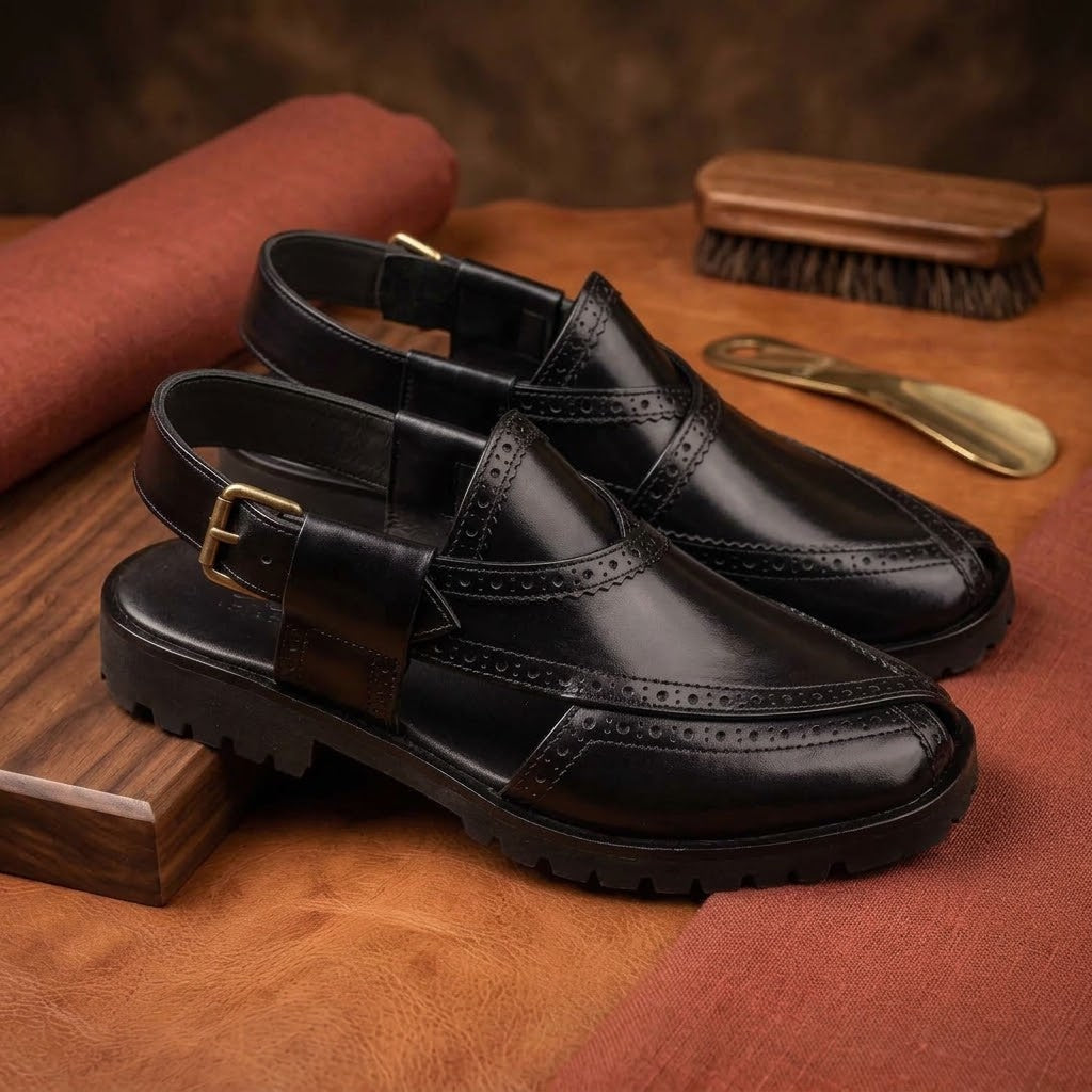 Qadam Handcrafted Brogue-Stitched Leather Peshawari Chappal – Antique Walnut