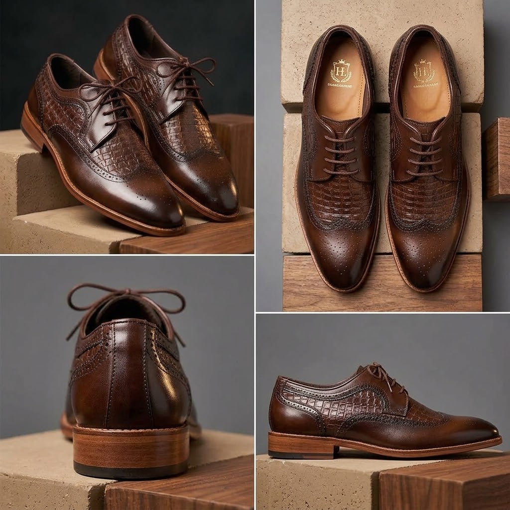 Qadam Handcrafted Two-Tone Croc-Embossed Leather Wingtip Derbies – Espresso Brown