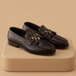 Qadam Handcrafted Black Croc-Embossed Leather Horsebit Tassel Loafers